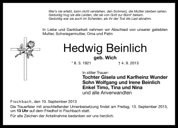 Traueranzeige von Hedwig Beinlich von Neue Presse Coburg