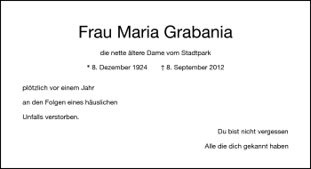Traueranzeige von Maria Grabania von Frankenpost
