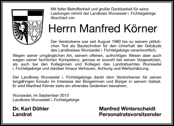 Traueranzeige von Manfred Körner von Frankenpost