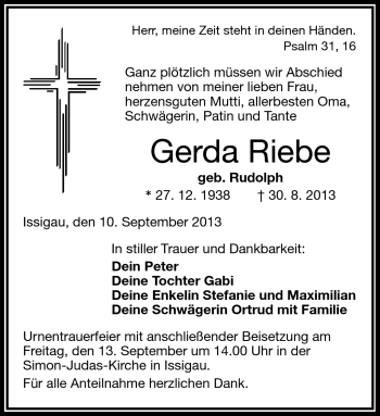 Traueranzeige von Gerda Riebe von Frankenpost