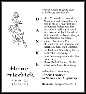 Traueranzeige von Heinz Friedrich von Südthüringer Presse