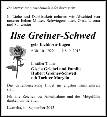 Traueranzeige von Ilse Greiner-Schwed von Südthüringer Presse