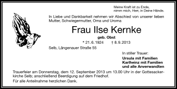 Traueranzeige von Ilse Kernke von Frankenpost