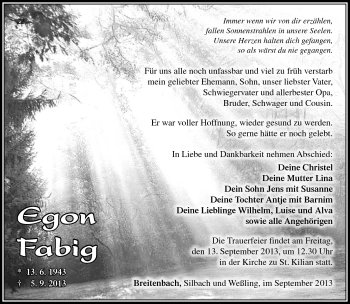 Traueranzeige von Egon Fabig von Südthüringer Presse