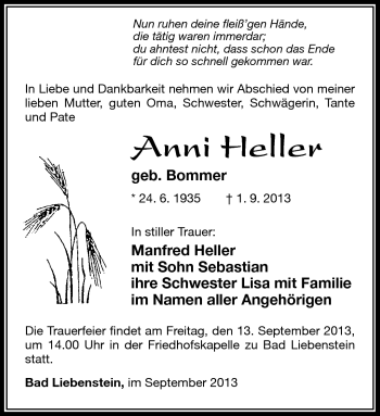 Traueranzeige von Anni Heller von Südthüringer Presse
