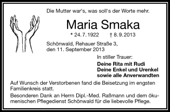 Traueranzeige von Maria Smaka von Frankenpost