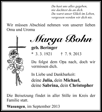 Traueranzeige von Marga Bohn von Südthüringer Presse