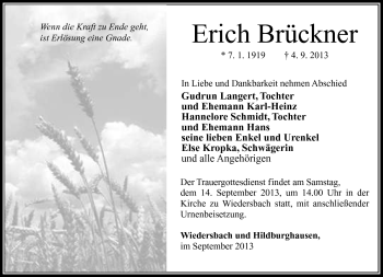 Traueranzeige von Erich Brückner von Südthüringer Presse