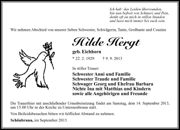 Traueranzeige von Hilde Hergt von Südthüringer Presse