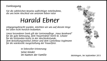 Traueranzeige von Harald Ebner von Südthüringer Presse