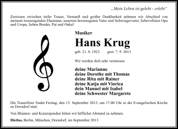 Traueranzeige von Hans Krug von Südthüringer Presse