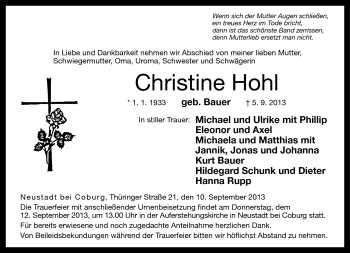 Traueranzeige von Christine Hohl von Neue Presse Coburg