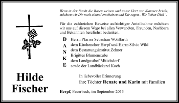 Traueranzeige von Hildegard Fischer von Südthüringer Presse