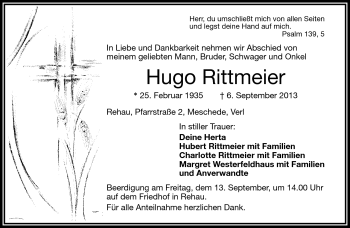 Traueranzeige von Hugo Rittmeier von Frankenpost