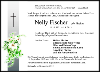 Traueranzeige von Nelly Fischer von Südthüringer Presse