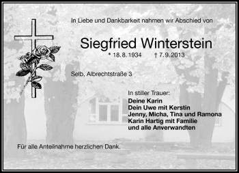 Traueranzeige von Siegfried Winterstein von Frankenpost