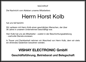Traueranzeige von Horst Kolb von Frankenpost