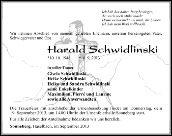 Traueranzeige von Harald Schwidlinski von Südthüringer Presse