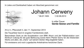 Traueranzeige von Johann Cerweny von Neue Presse Coburg