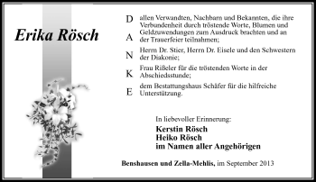 Traueranzeige von Erika Rösch von Südthüringer Presse