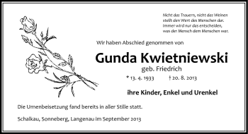 Traueranzeige von Gunda Kwietniewski von Südthüringer Presse