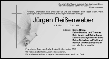 Traueranzeige von Jürgen Reißenweber von Neue Presse Coburg