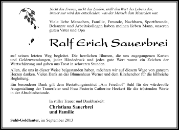 Traueranzeige von Ralf Erich Sauerbrei von Südthüringer Presse