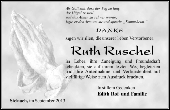 Traueranzeige von Ruth Ruschel von Südthüringer Presse
