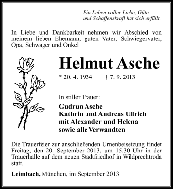 Traueranzeige von Helmut Asche von Südthüringer Presse