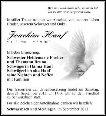 Traueranzeige von Joachim Hanf von Südthüringer Presse