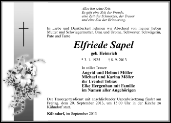 Traueranzeige von Elfriede Sapel von Südthüringer Presse