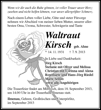 Traueranzeige von Waltraut Kirsch von Südthüringer Presse