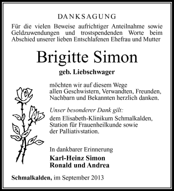 Traueranzeige von Brigitte Simon von Südthüringer Presse