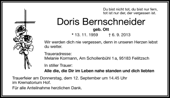 Traueranzeige von Doris Bernschneider von Frankenpost