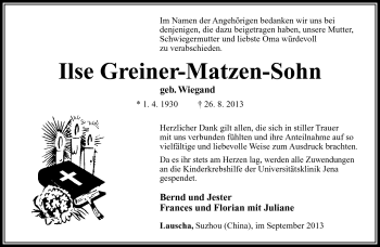 Traueranzeige von Ilse Greiner-Matzen-Sohn von Südthüringer Presse