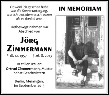 Traueranzeige von Jörg Zimmermann von Südthüringer Presse