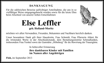 Traueranzeige von Else Leffler von Südthüringer Presse