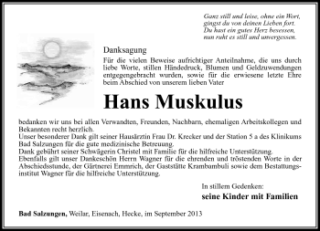Traueranzeige von Hans Muskulus von Südthüringer Presse