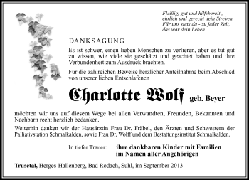 Traueranzeige von Charlotte Wolf von Südthüringer Presse