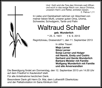 Traueranzeige von Waltraud Schaller von Frankenpost