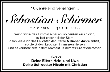 Traueranzeige von Sebastian Schirmer von Frankenpost