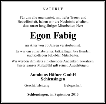Traueranzeige von Egon Fabig von Südthüringer Presse