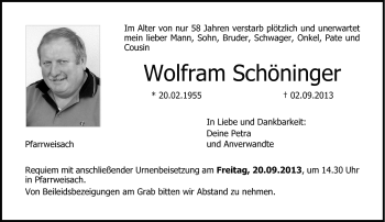Traueranzeige von Wolfram Schöninger von Neue Presse Coburg
