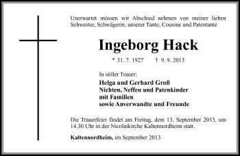 Traueranzeige von Ingeborg Hack von Südthüringer Presse