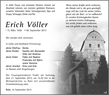 Traueranzeige von Erich Völler von Südthüringer Presse