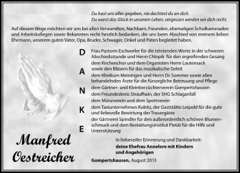 Traueranzeige von Manfred Oestreicher von Südthüringer Presse