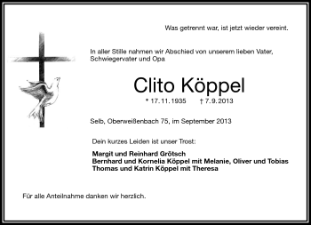 Traueranzeige von Clito Köppel von Frankenpost