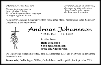 Traueranzeige von Andreas Johansson von Südthüringer Presse