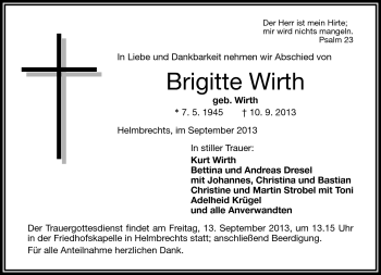 Traueranzeige von Brigitte Wirth von Frankenpost