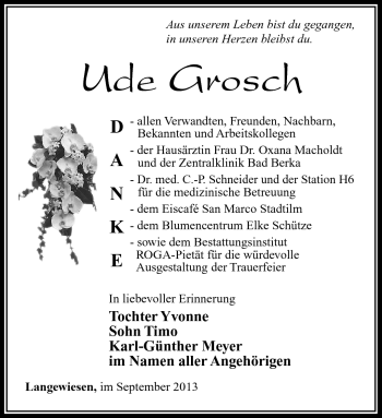 Traueranzeige von Ude Grosch von Südthüringer Presse